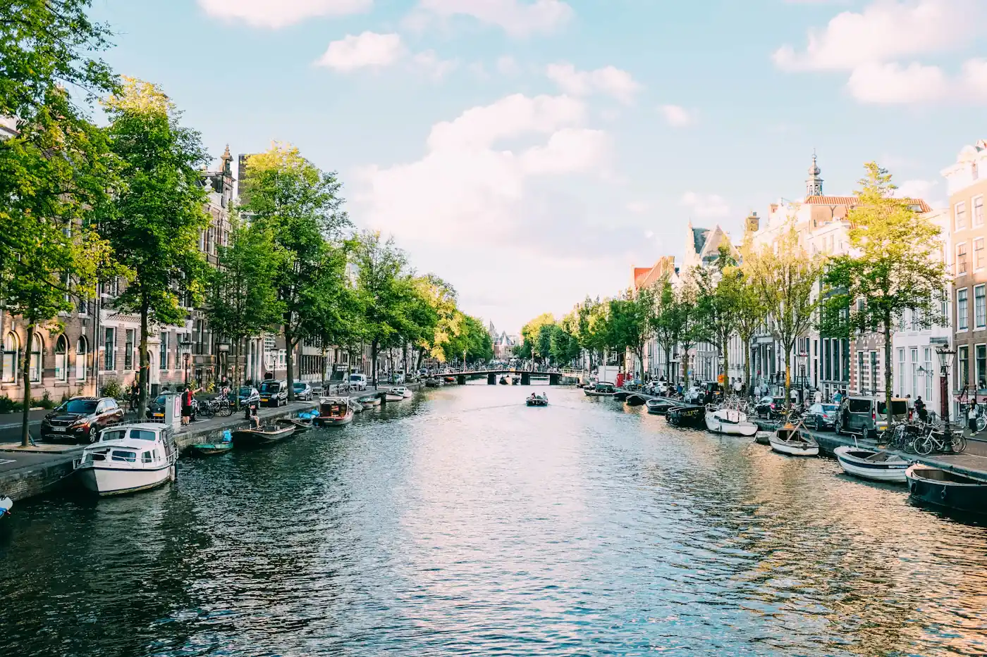 Amsterdamse gracht met bomen, boten en historische panden