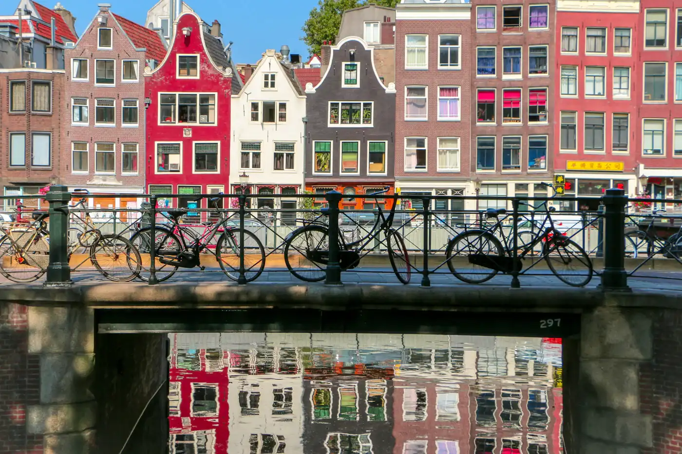 Grachtenpanden in Amsterdam met fietsen op een brug, gespiegeld in het water